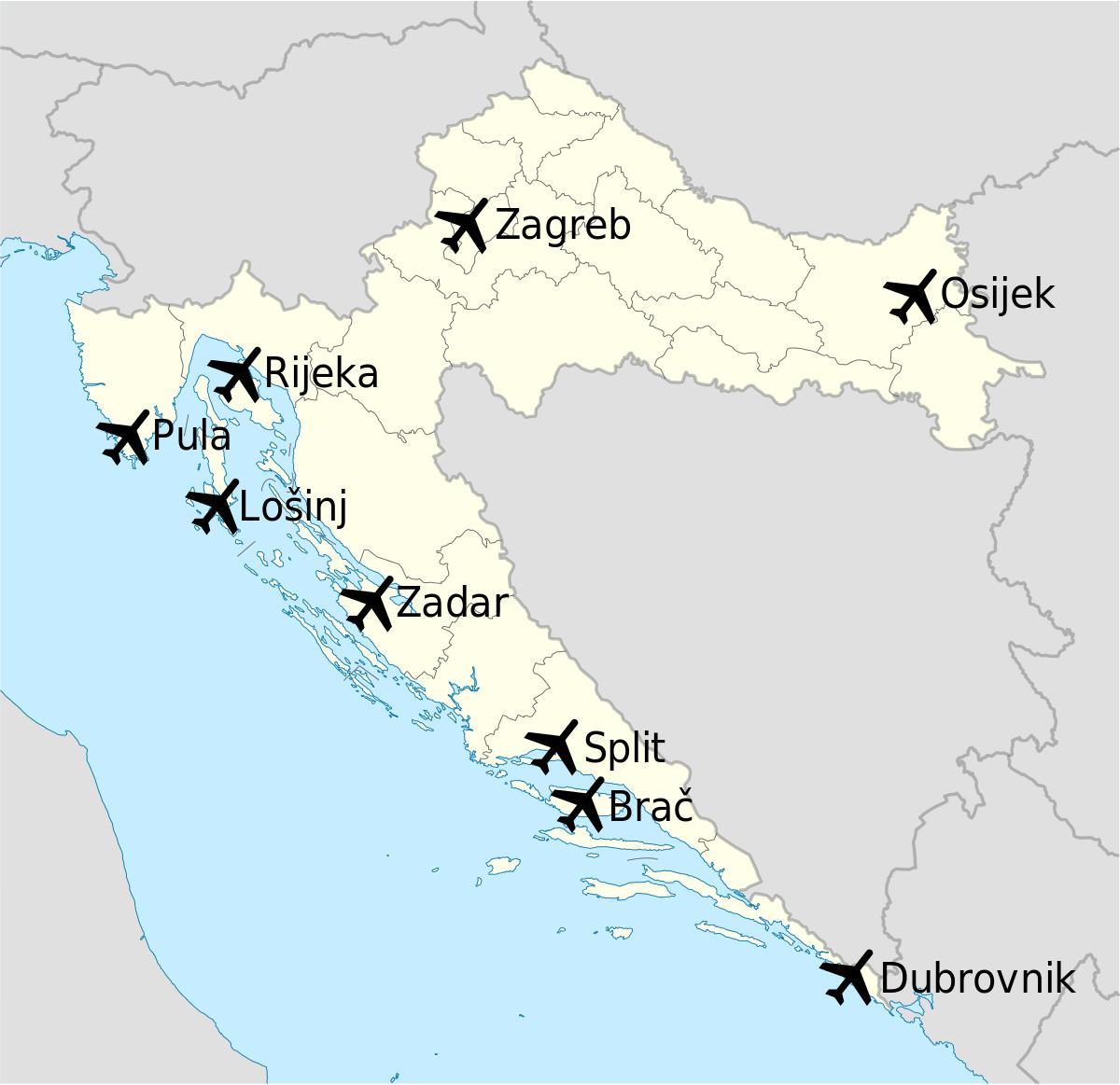 kaart van kroasië wat lughawens